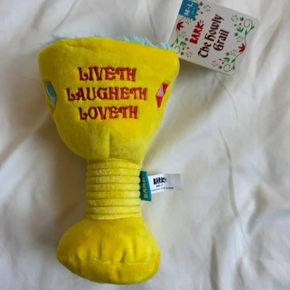 NWT Bark Box THE HOWLEY GRAIL Plush Dog Toy, Yellow + Blue, M-L (20+ lbs)